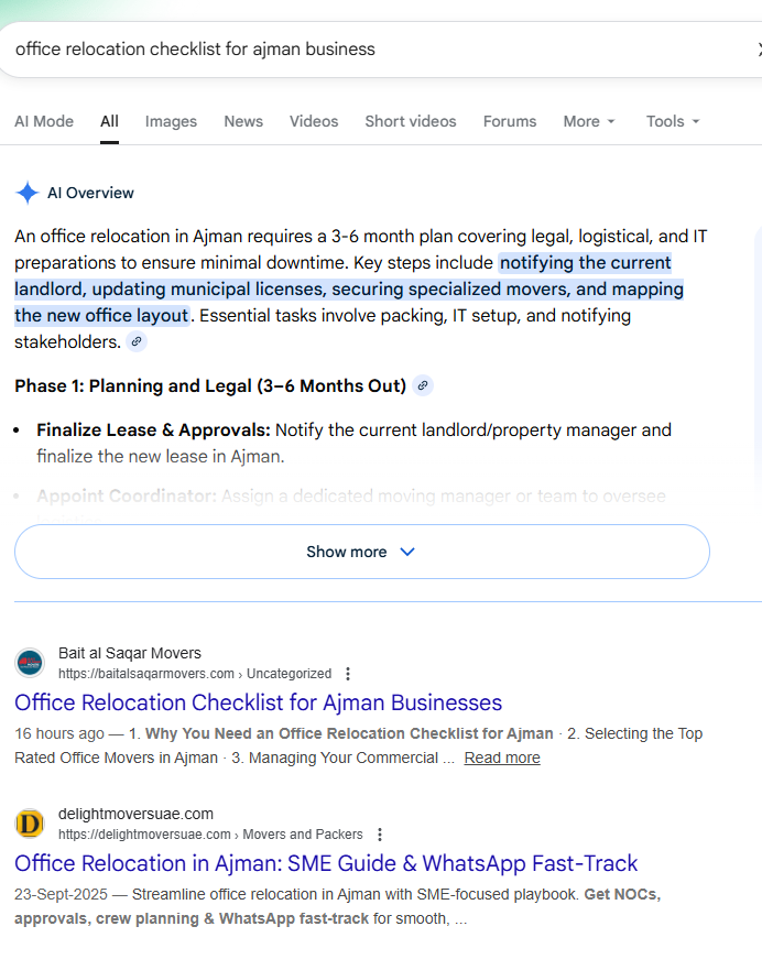Bait Al Saqar Movers article beneath an AI search overview