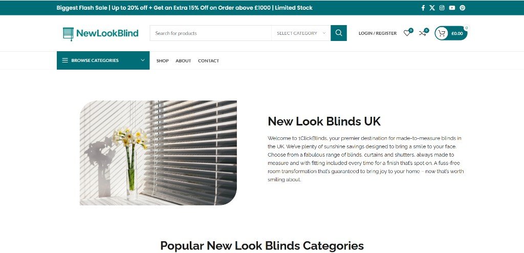 New Look Blinds website about and product category section